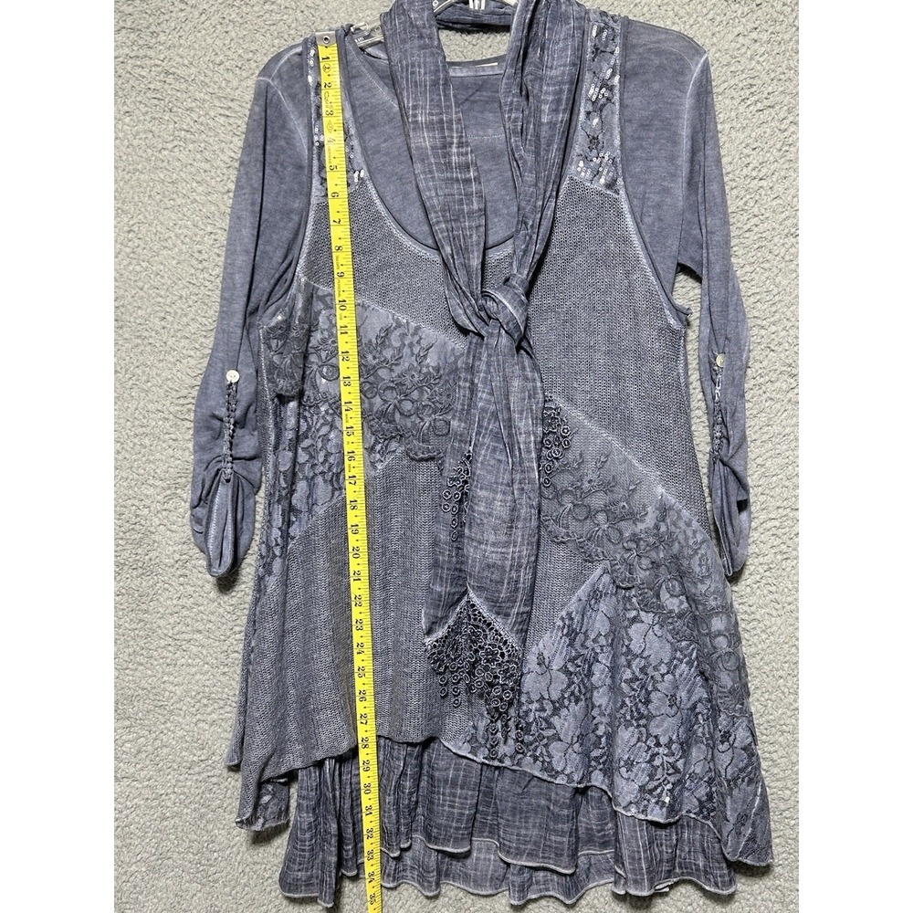 Simply Couture Tunic Set 3 Pc Blue Knit Layered Lace Scarf Sz L Boho Lagenlook - Picture 3 of 7